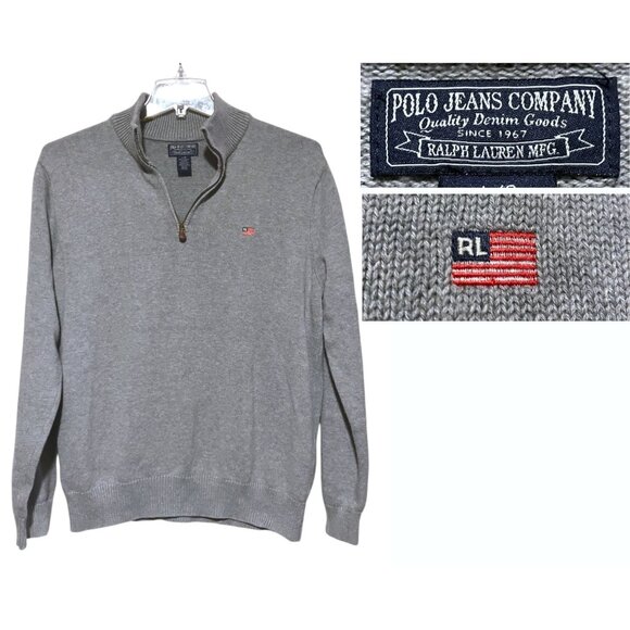 Y2K Polo Ralph Lauren Flag Quarter Zip Pullover L Gray Ribbed 100% Cotton SOFT - Picture 1 of 7